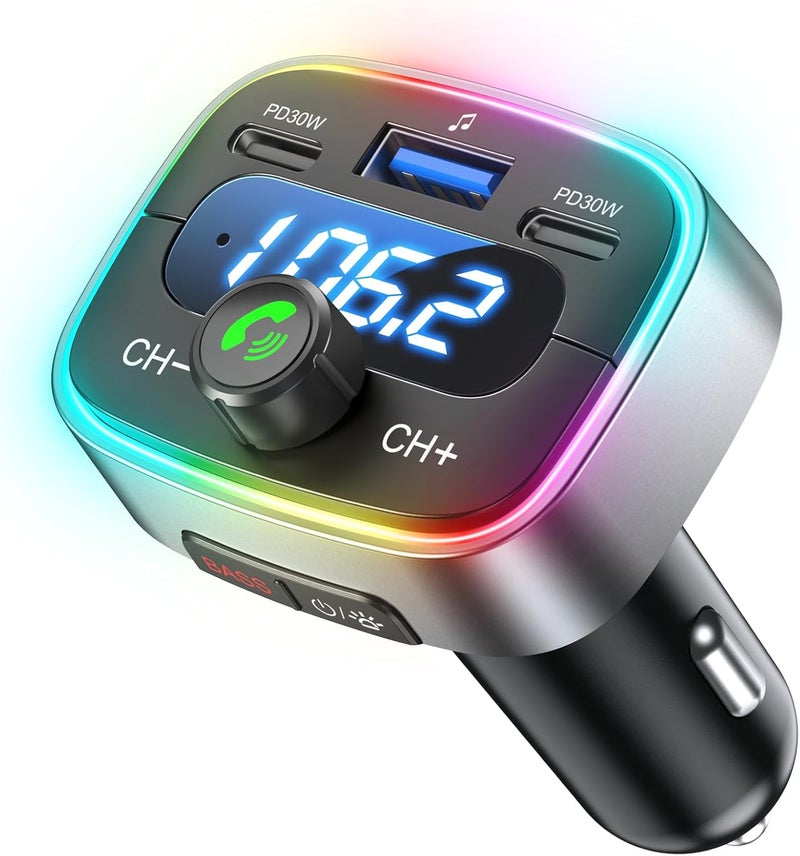 HUNDRUP Bluetooth 5.4 Car Adapter 60W Charging USB Bluetooth Adapter for Car,Wireless Fm Transmitter Radio,Handsfree Calling and Audio Receiver,HiFi Music Player,7 Colors LED Backlit - Image 1
